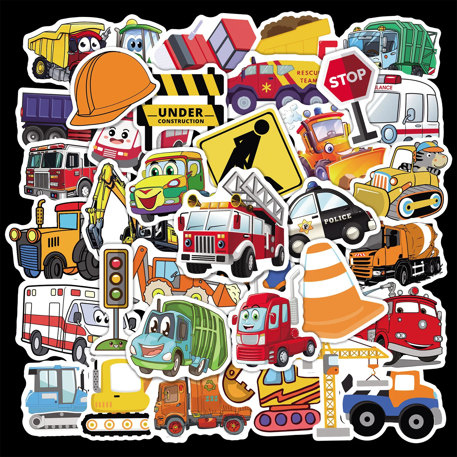 50Pcs Cartoon Engineering Vehicle Series Graffiti Stickers Suitable for Laptop Helmets Desktop Decoration DIY Stickers Wholesale