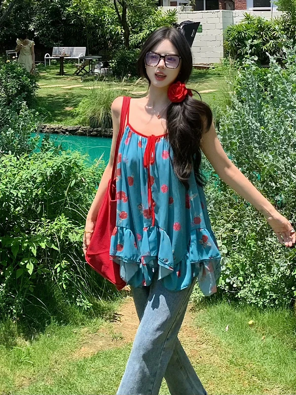 

Sweet Loose Print Hem Ruffle Svel Top Asymmetrical Skirt Summer Faion Polyester Fiber Floral Patterned Women's Vest