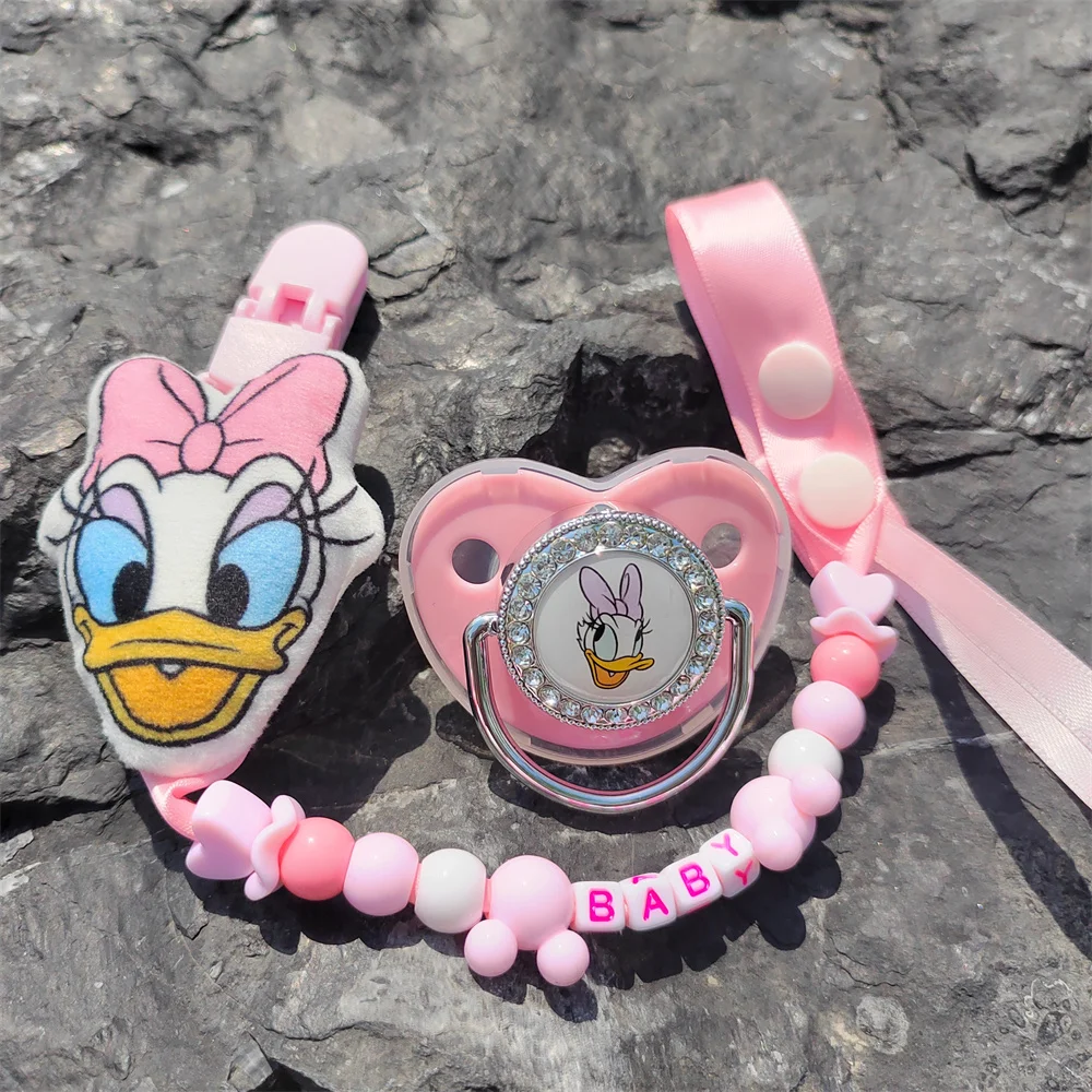 Kawaii Pink 6cm Daisy Duck Plush Ornament Doll Nipple Chain and Pacifiers Disney Personalized with English Name Dummy Soothers