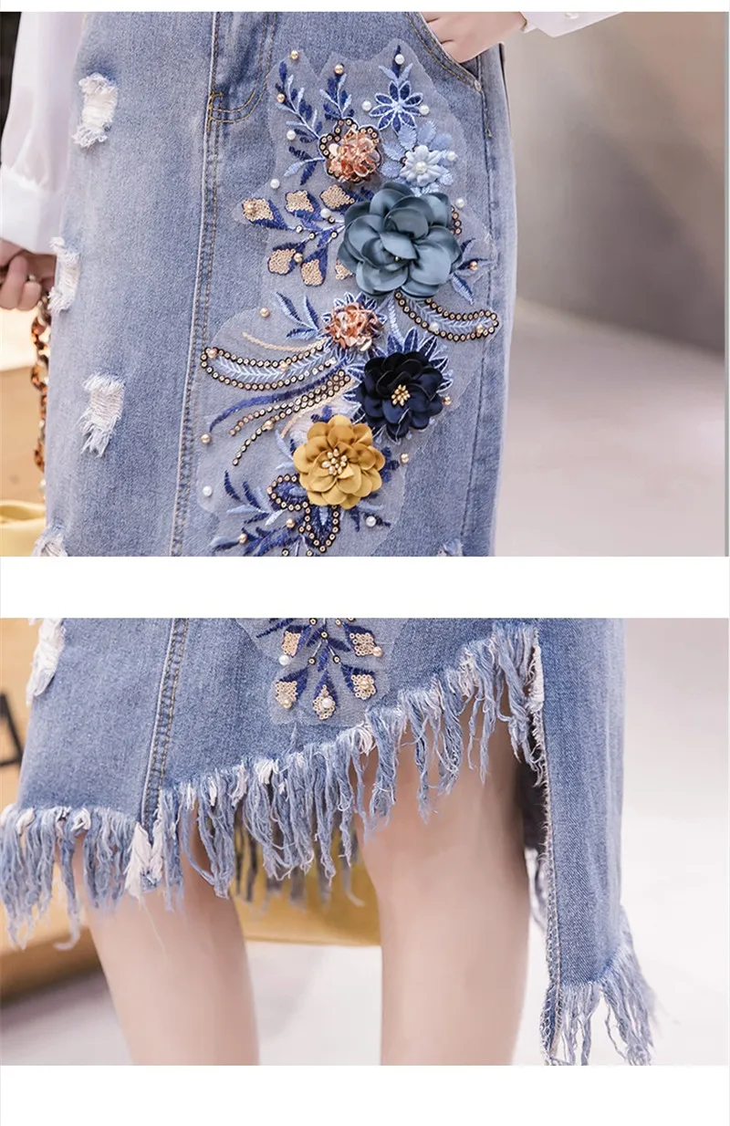 Women Autumn Fashion Brand Korea Style Three-dimensional Flower Patchwork Hole Tassel Skirt Female Denim Irregular Skirt Cloth