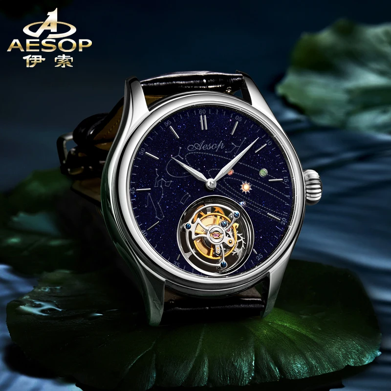 Aesop Flying Tourbillon Movement Original Watch Sapphire Fashion Men\'s Watch Blue Sandstone Dial Mechanical Watches For Men 7025