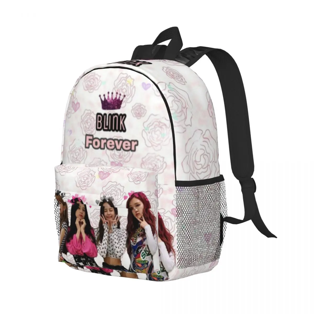 Mochila impermeável leve para meninas e meninos, mochila estudantil de grande capacidade, rosa-amor-preto, 15"