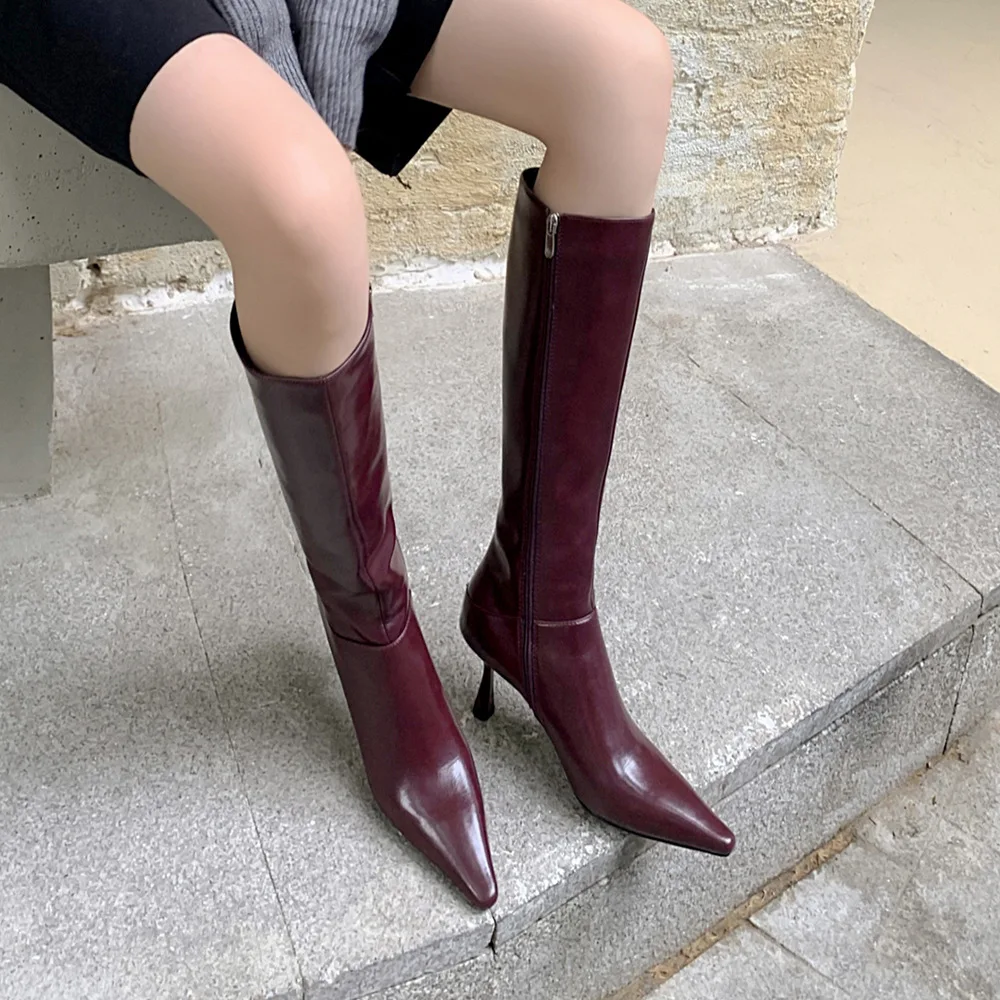 Arden Furtado 2024 Autumn Burgundy Cowhide Knee high boots Pointed toe Stilettos heels Side zipper Skinny boots Modern boots