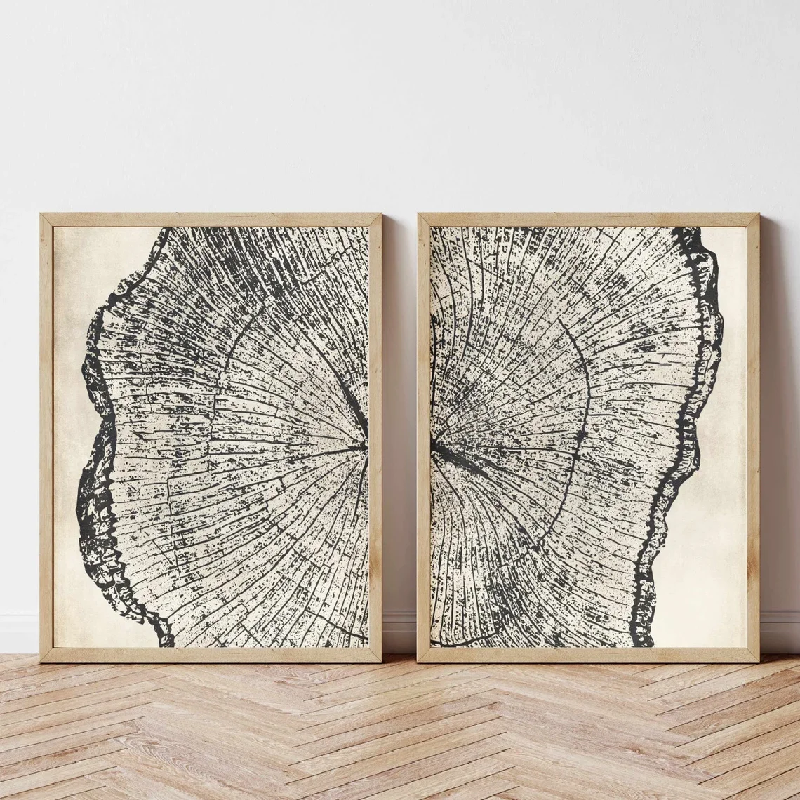 2pcs Large Tree Ring Print Wall Art Unframed Neutral & Wood Grain Texture Modern Abstract Poster for Bedroom, Living Room Decor