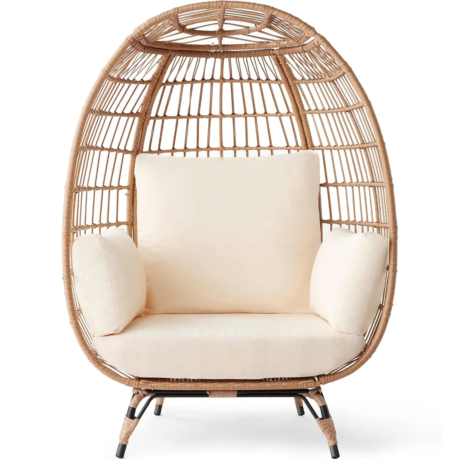 Oversized Wicker Egg Chair Indoor Outdoor Patio Living Room 4 Cushions Steel Frame 440lb Ivory, Customized