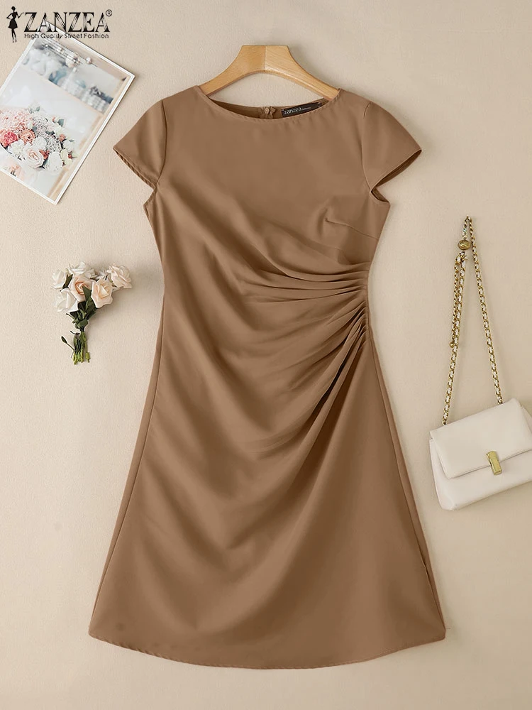 

ZANZEA Short Cap Sleeve Fitted Waist Knee-Length Dresses Fashion Woman Draped Commute Party Vestidos Elegant O-Neck Robes Femme