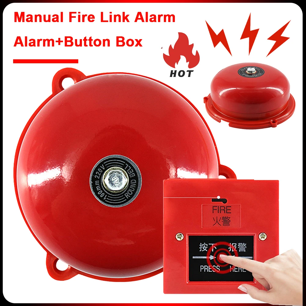 4 Inch AC 220V Pull Station Manual Call Point Fire Alarm Schools Fire Alarm 100db Metal Fire Control Internal Strike Alarm Bell