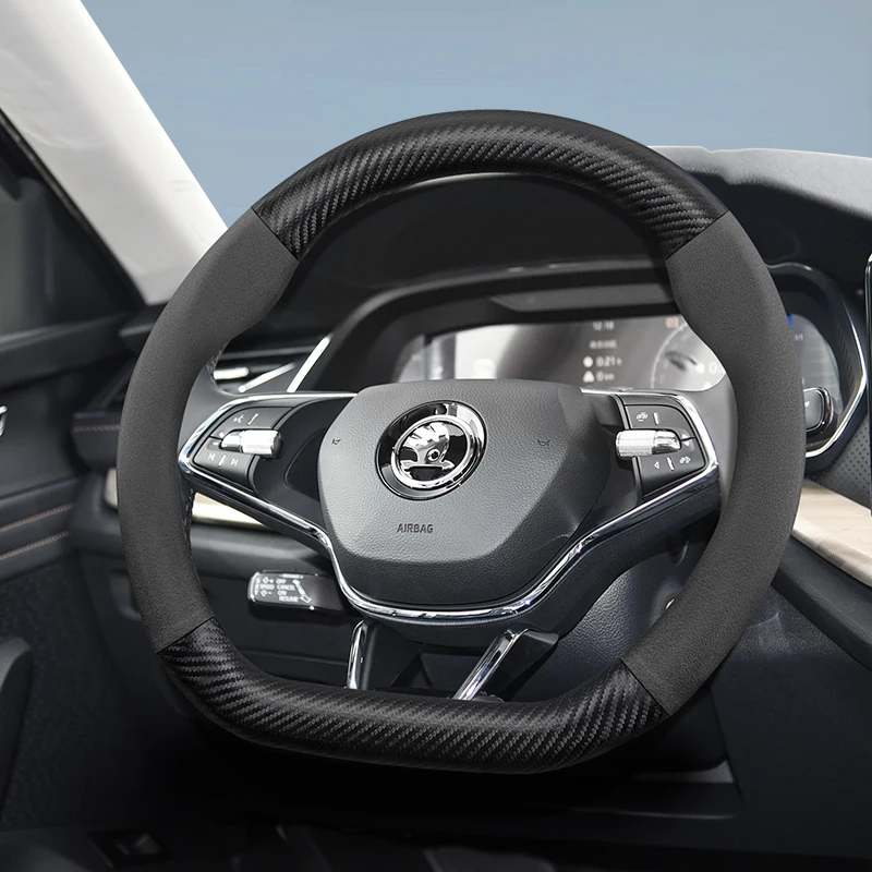 Adecuado para Skoda gamuza mate textura de fibra de carbono protector para volante adecuado para Octavia 2 3 A7 1 Superb Roomster A5 Rapid Karoq Yeti Spaceback Fabia Monte Carlo Mk3 Accesorios