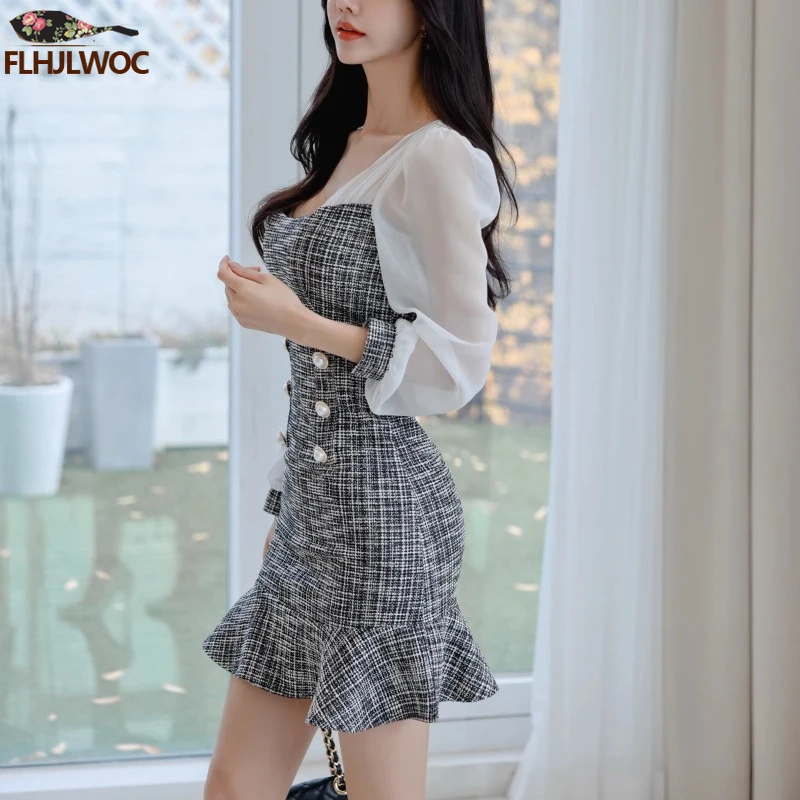 Office Lady Shirt Dresses Double-Breasted Button New Year 2024 Women Chic Fashion Korea Design Patchwork Ruffles Mini Dress