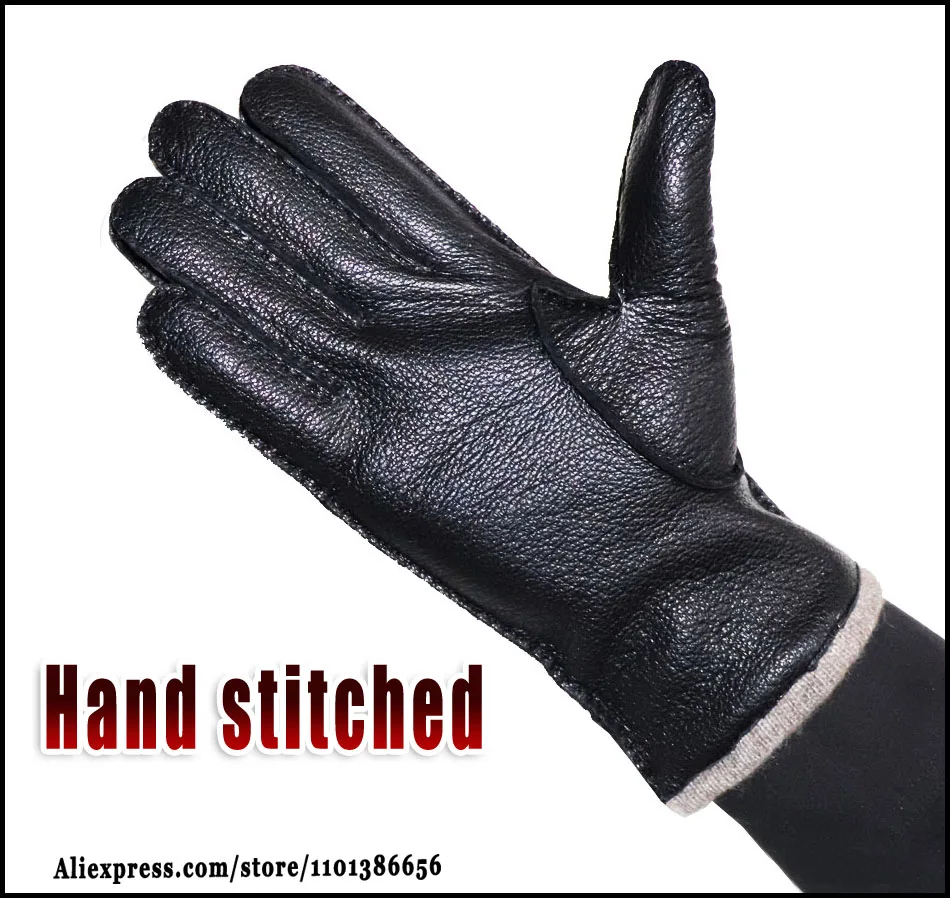 Deerskin Textured Leather Gloves Goatskin Men's and Women's Outside Sewn Wool Knit Lining Autumn and Winter Warm Thin Driving