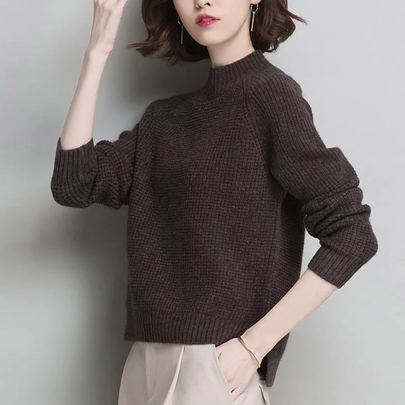 Women Autumn Winter Solid Color Plush and Thicken Sweaters New High-quality Long Sleeve Mock Neck Split Fork Knitting Bottoming