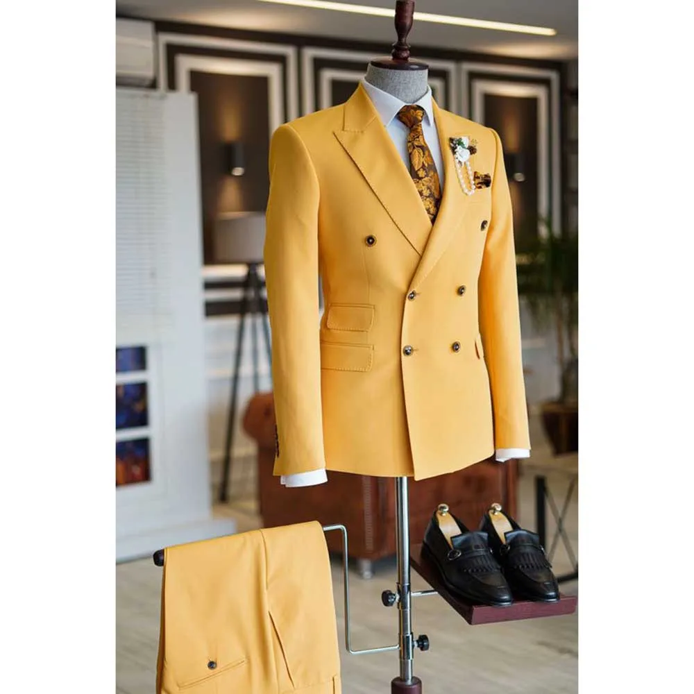 Fashion Chic Yellow Suits for Men Double Breasted 2 Piece Jacket Pants Blazers Sets Slim Fit Business Gentleman Male Clothing