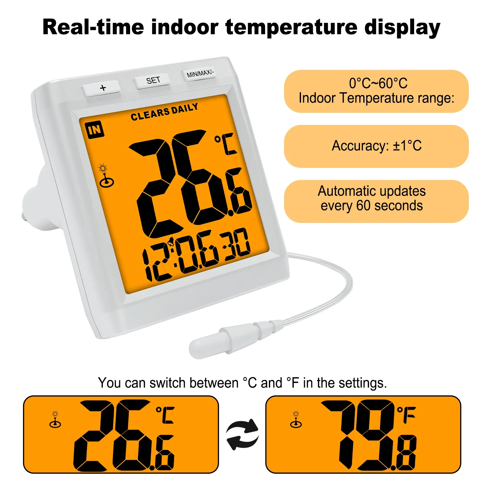Smart Digital Indoor Thermometer with Color Changing Backlight Plug-In Wall-Mounted Night Light Display Temperature