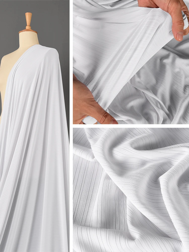 Pleated Fabric Drift White Ice Feeling Thin Smooth Four Sided Elastic Vertical Pattern Pants Top Fabric Cloth Diy Sew By Meters