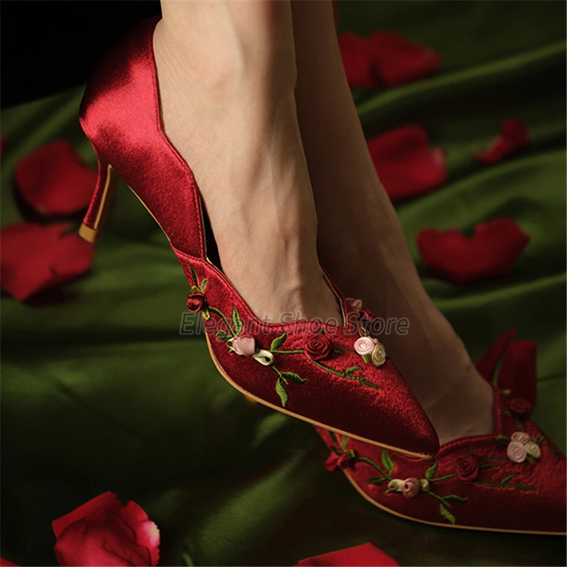 Retro Embroidered Red High Heels for Women Sexy Satin Rose Vine Pointed Toe Thin Heel Pumps Banquet Stiletto Wedding Dress Shoes