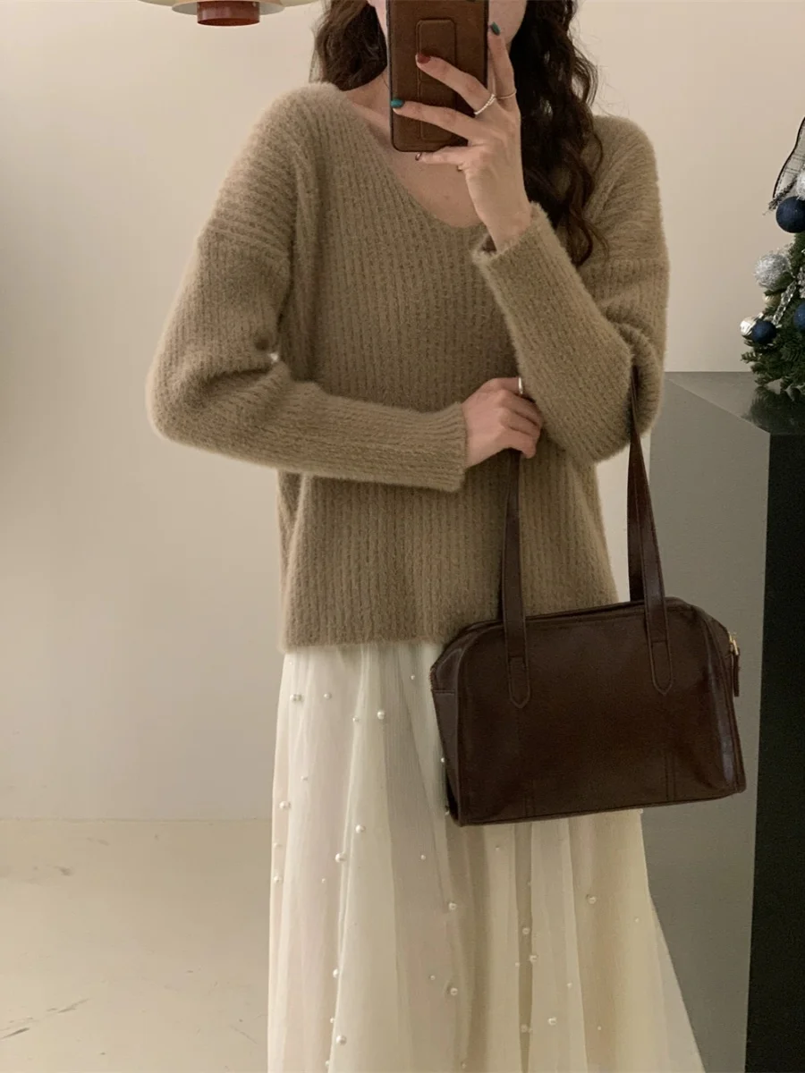 Ultraweicher V-Ne-Strickpullover aus Nerzsamt mit langem Haar, warm, gemütlich, für den Winter, für Damen, Faion, Freizeitkleidung, normale Passform, lang, Sve