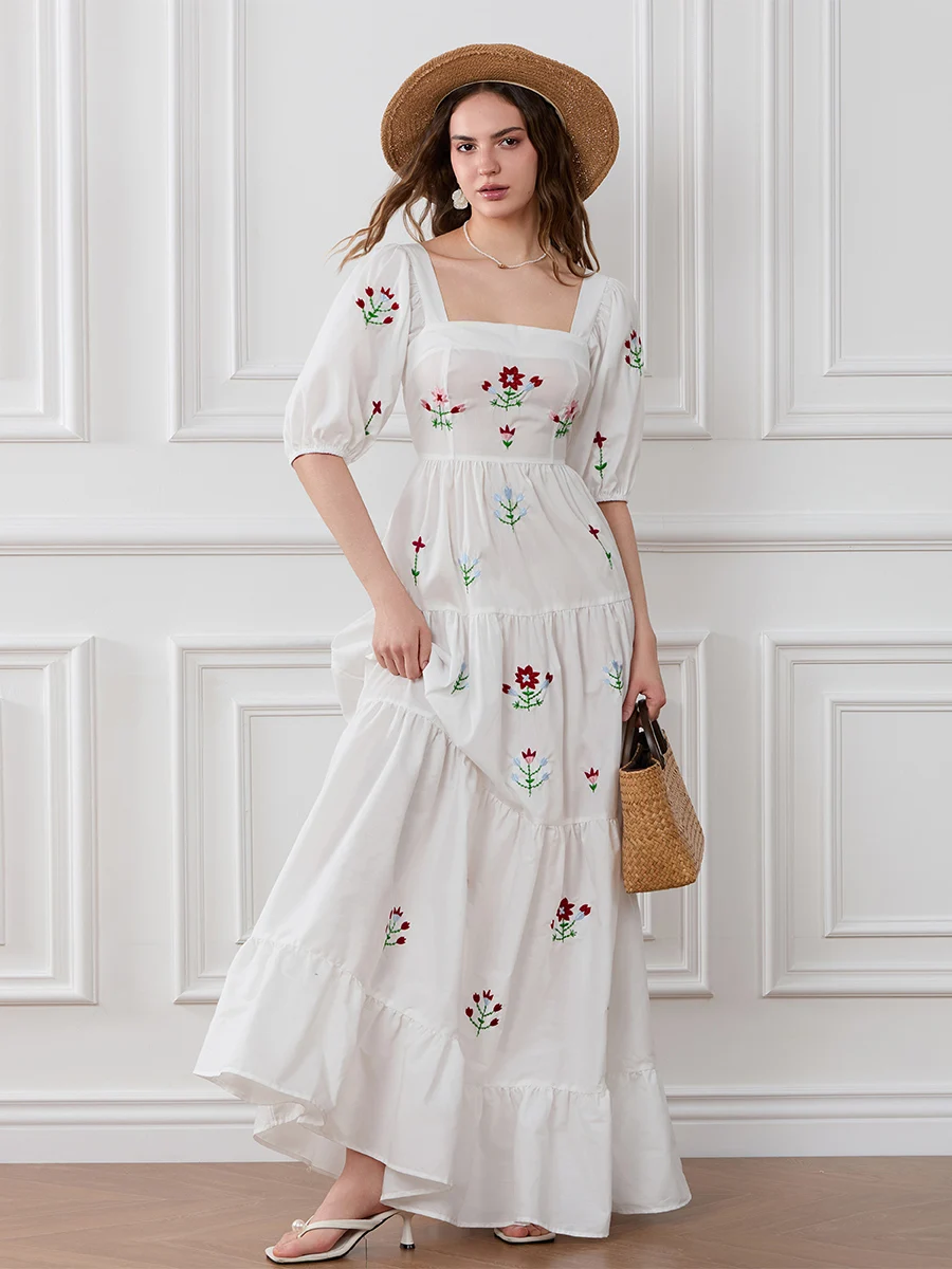 Women Long Dress Embroidery Smocked Square Neck Elbow-Length Sleeve Backless Flowy Dresses