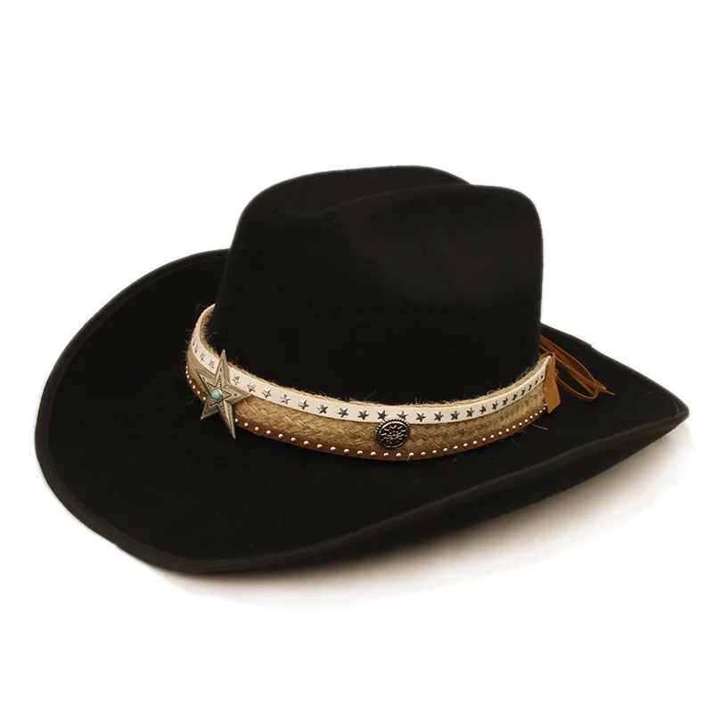 Casual Big Star Braided Rope Autumn Winter Warm Women Men Felt  Yellowstone Cap Cowboy Hat 56-59cm Adjust