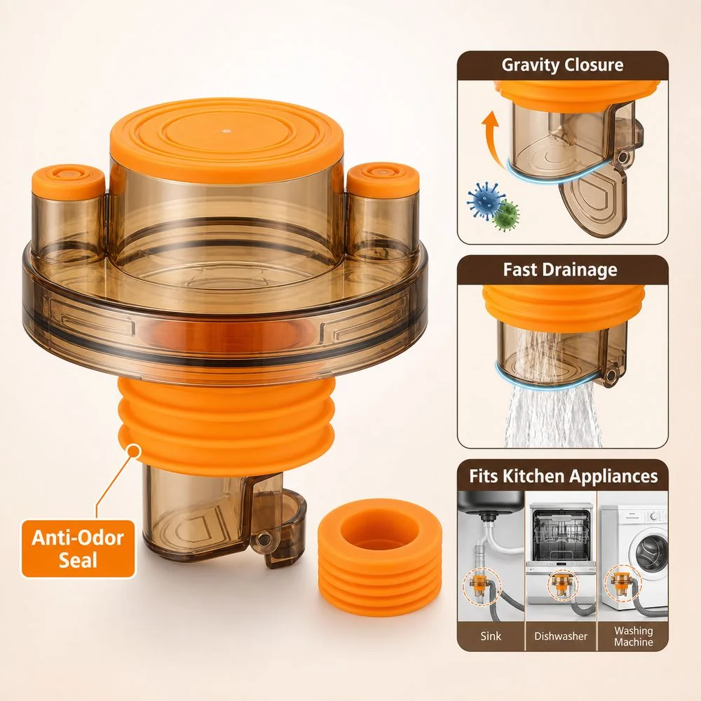 Dual-Layer Silicone Sink Drain Adapter Anti-Odor Gravity Closure Three-Way Drain Adapter Backflow Blocking Drain Filter Adapter