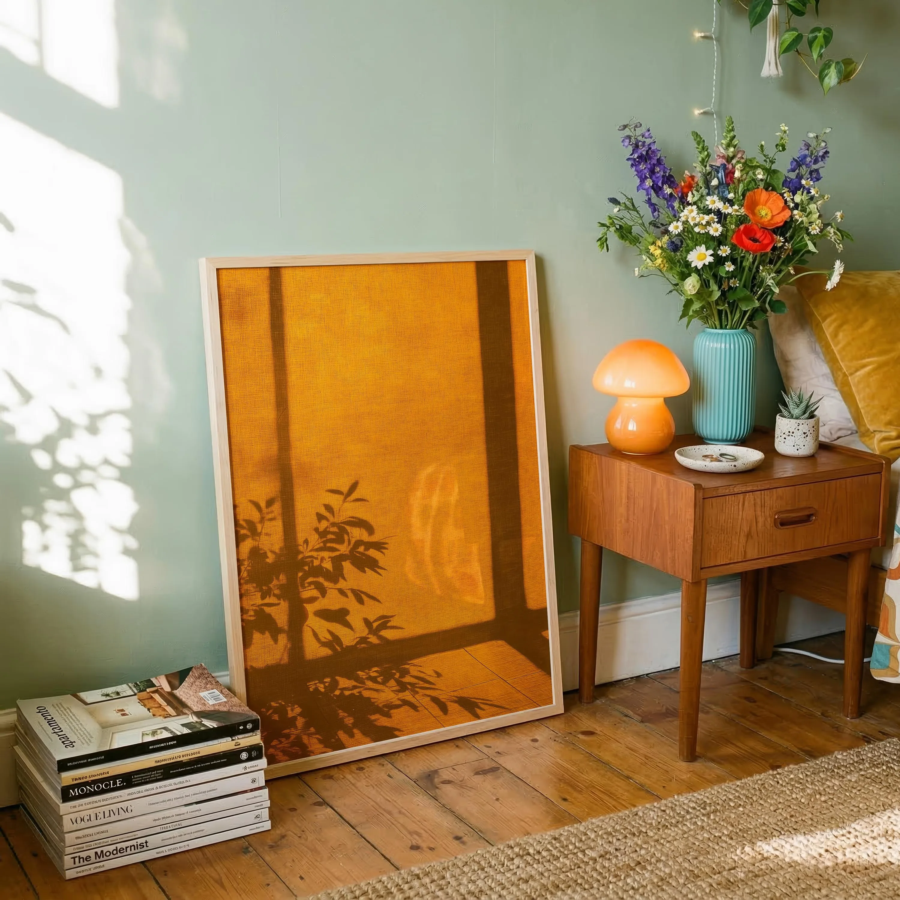 Golden Hour Window Shadow Canvas Printing Minimalist Sunlight Photography Warm Wall Art Poster for Aesthetic Home Decor Gifts