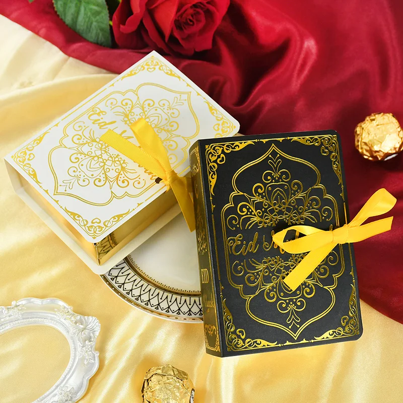 

5pcs Eid Mubarak Gift Boxes Quran Book Shape Gold Black Candy Box For Home Ramadan Kareem Chocolate Packaging Boxes Decoration