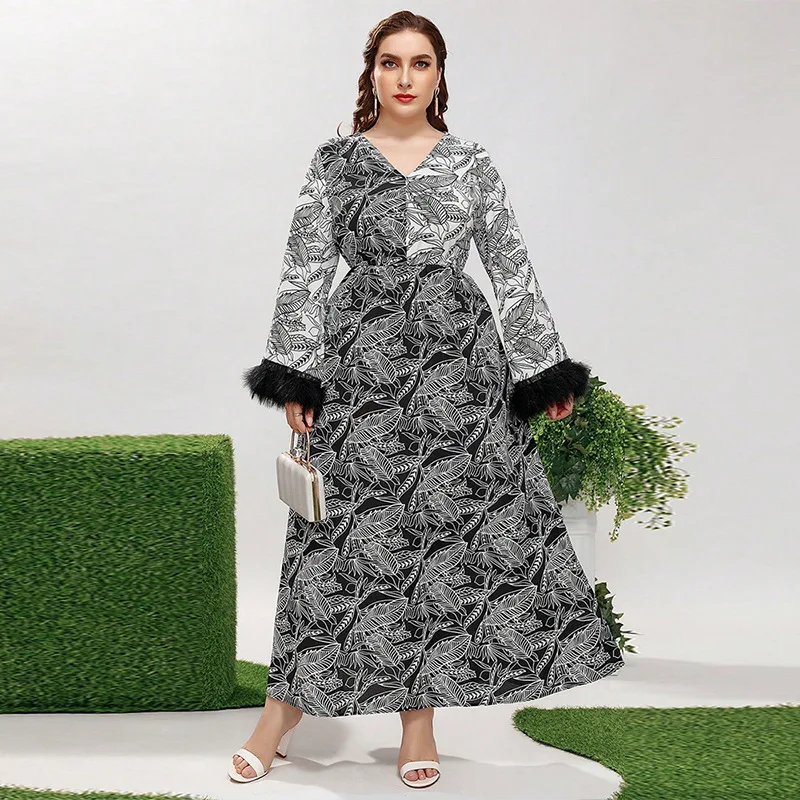 

Muslim Arab Dubai Women's Robe Fashion Printed Small Fluff Middle Eastern Dress Simple Temperament Elegant Holiday Style High-en