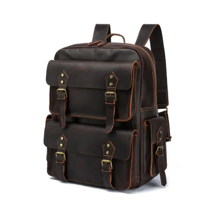 Bolso de viaje de cuero genuino informal para hombre con capa superior Vintage, mochila para ordenador portátil de negocios de gran capacidad, bolsos para adolescentes, Sac A Dos