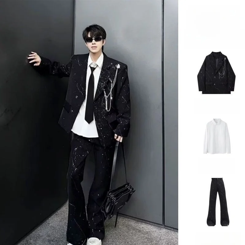 

Мужской костюм Gold Stamp с металлическими цепочками на лацканах и брюками-клеш для осени, с длинными рукавами, из полиэстера и других материалов.