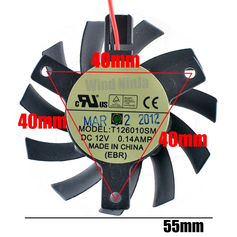 T126010SM 55mm diameter hole spacing 40x40x40mm DC12V 0.14A cooling fan for graphics card router IPC CPU