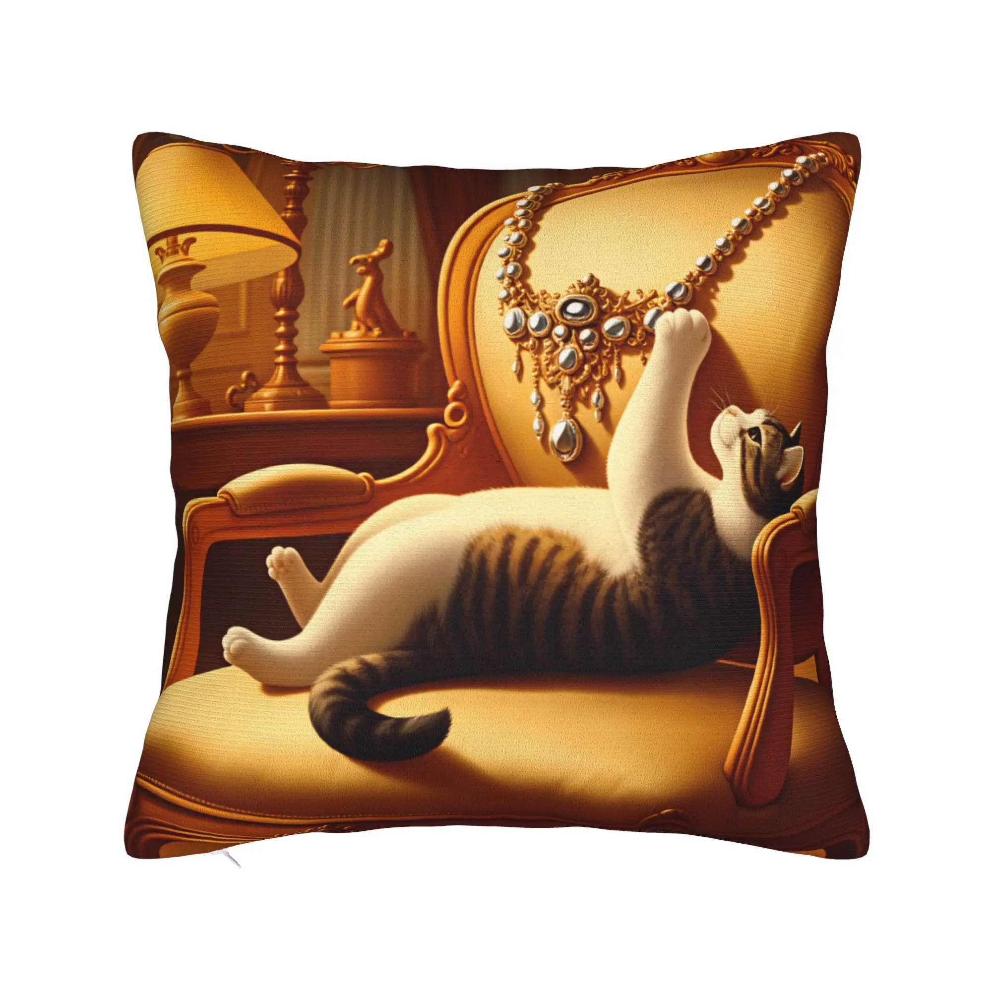 Playful Cat with Rococo Necklace Poster Pillow Case  Fashion Pillow Cover Comfy Pillowcases For Sofa Couch Bed Living Room