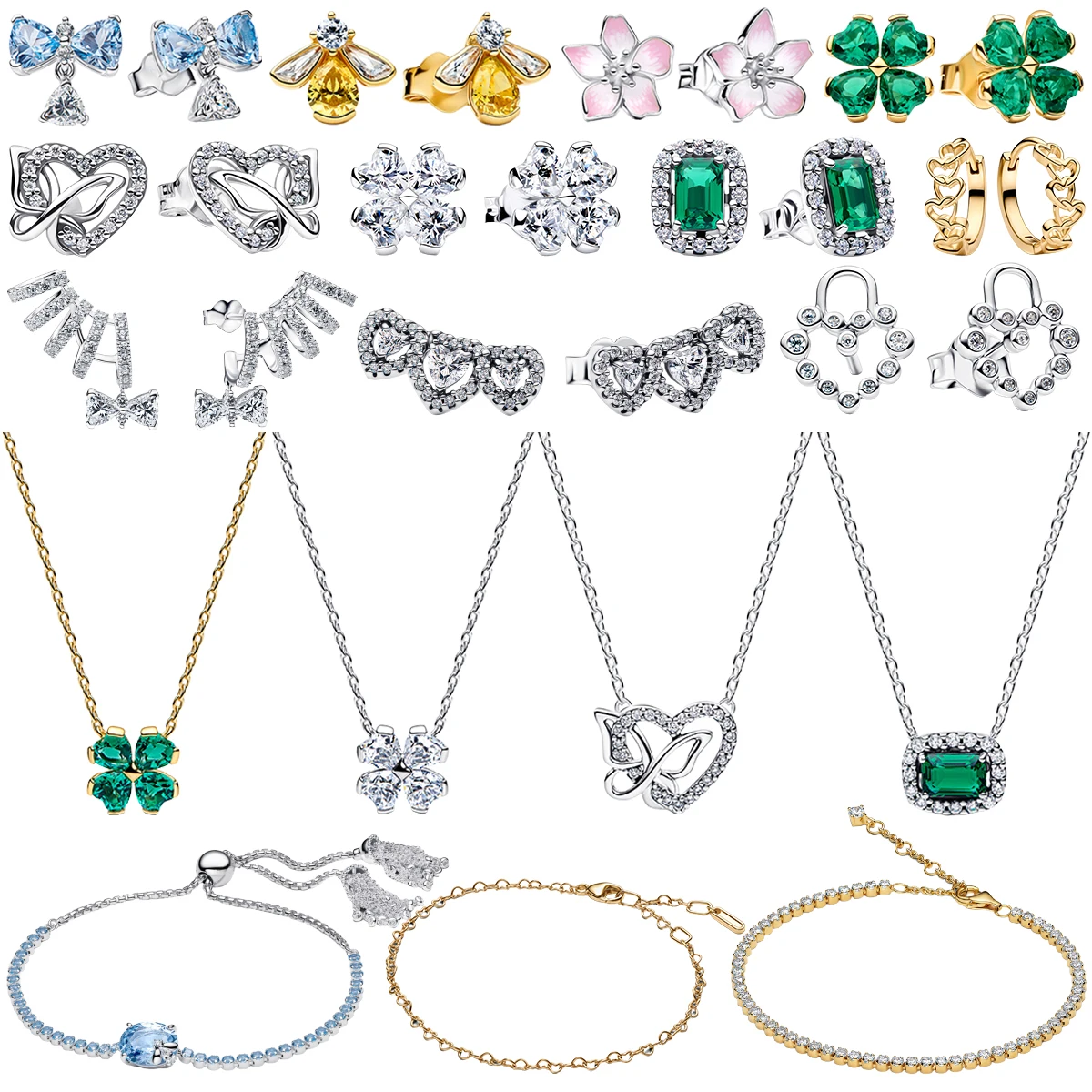 

925 Silver Pave Gem Clover Cherry Blossom Square Emerald Bee Stud Earring Heart Knot Pendant Necklace Adjustable Bracelet