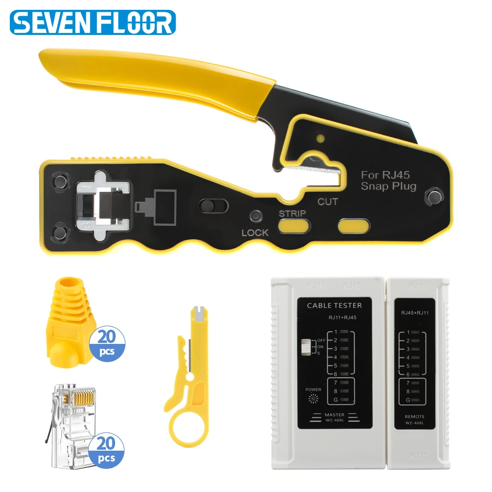 RJ45 Cat6 8P Pass-Through Crimper Kit, RJ45/RJ11 Network Tester, Wire Stripper, 20Pcs 8P8C Connectors and Strain Relief Boots