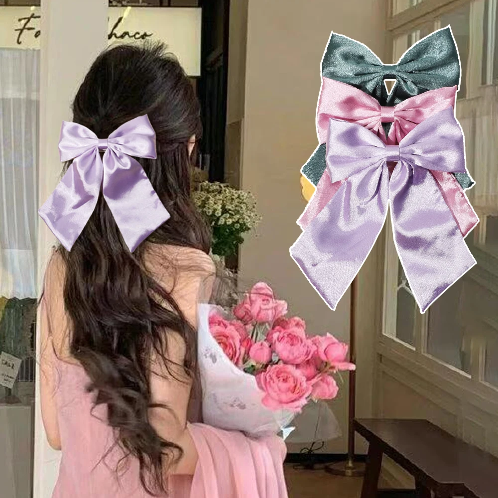 Girl Hair Clip Elegant Bow Ribbon Women Fashion Solid Color Bowknot Satin Hairpin Barrettes Girls Ponytail Clip Hair Accessories