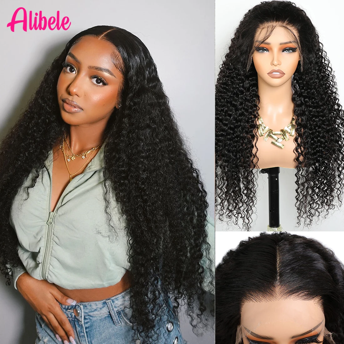 

ALIBELE 12A Virgin Hair Curly Transparent Lace Frontal Wig 13x4 Lace Front Human Hair Wig Pre Plucked Natural Black