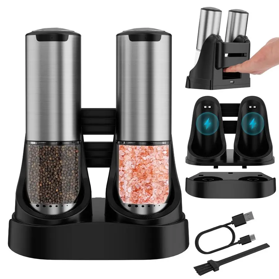 

Salt and Pepper Grinder Set TypeC Fast Charging, Automatic Salt and Pepper Shakers Adjustable Coarseness, Stainless Steel Rechar