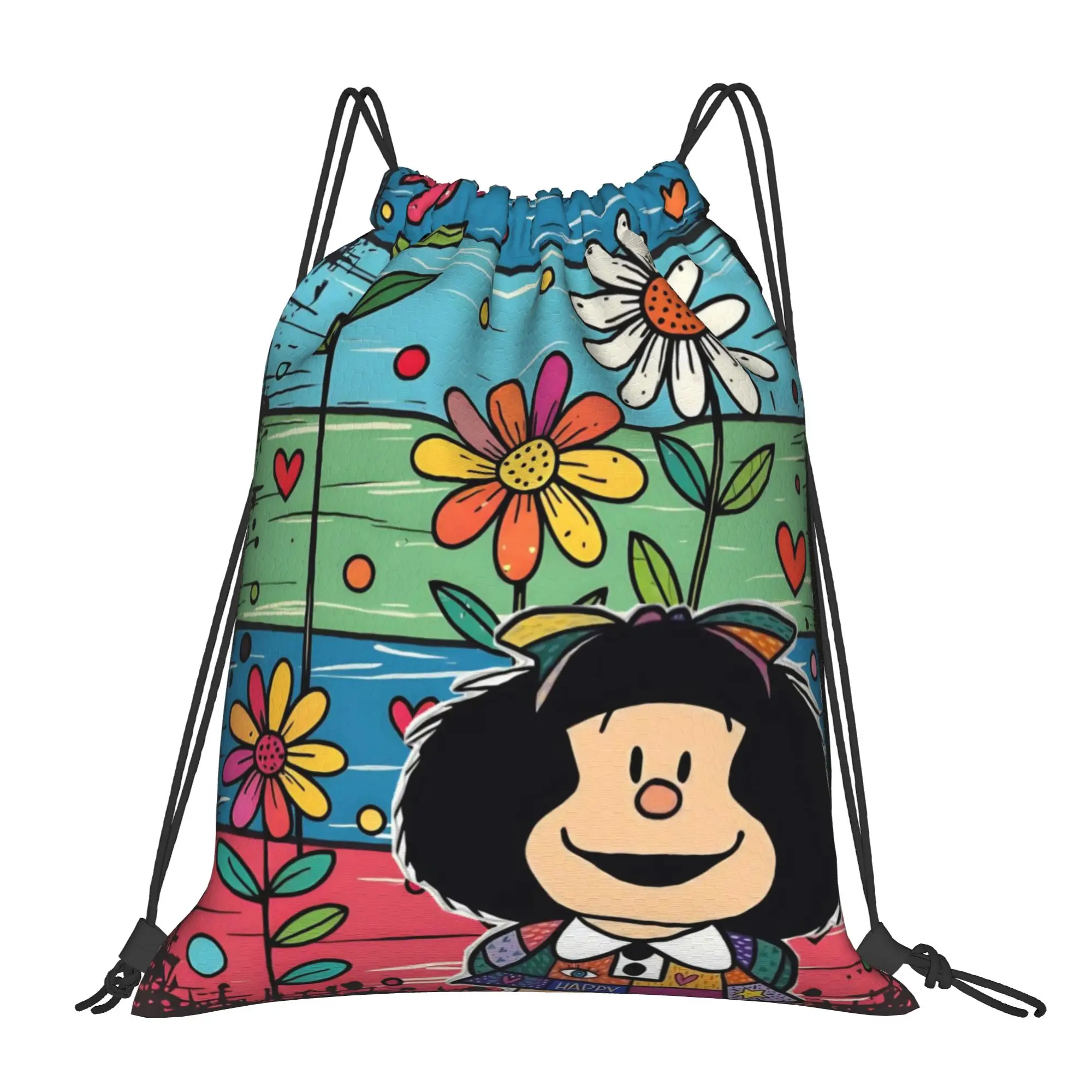 Mafaldas Cartoon Flowers Drawstring Backpack Gym Sports Sackpack Water Resistant  String Bags for Travel 36cm (W) x 43cm (H)