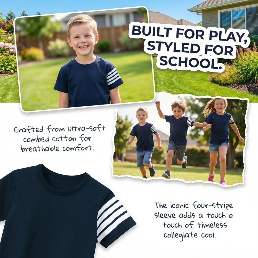 Boy Girl Birthday Gift Tee Custom Your Own Text Logo Photo Stripe Sleeve Personalized Neutral Toddler Kids Shirt