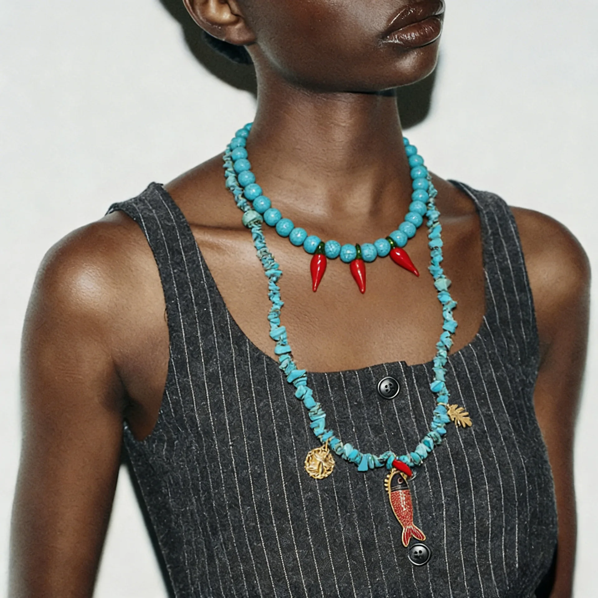 Light luxury stacked hand-spliced turquoise beads small pepper pendant necklace fashionable multi-layer element collarbone chain