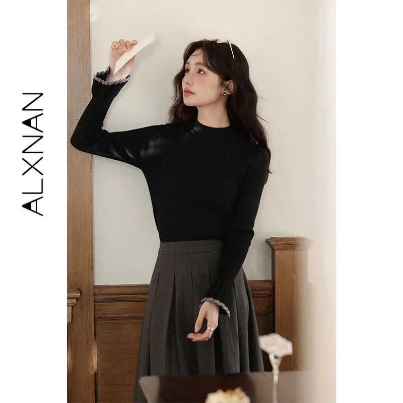 

ALXNAN Black Pullovers Color-block Patchwork Long Sleeve Knitwear Woman Base Casual Sweater 2025 Fall Elegant Female Tops L58326