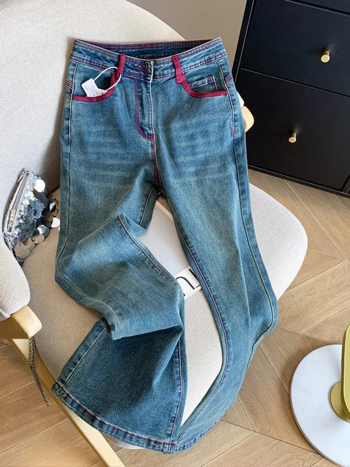 

Женские расклешенные джинсы в стиле ретро, повседневные джинсовые брюки контрастных цветов, прямые брюки с высокой талией и карманами в корейском стиле