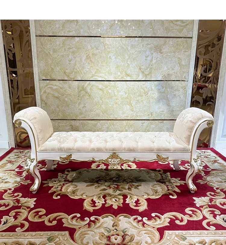 Sgabello da comodino in tessuto francese, panca da comodino per camera da letto in legno massello neoclassico di lusso europeo