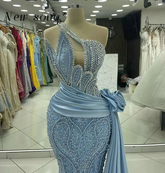 

Light Blue Party Dresses Customized Arabic One Shoulder Pearls Beaded Long Mermaid Wedding Evening Gowns with Side Overskirt