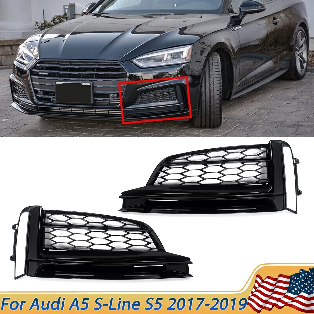 

Replace For Audi A5 S Line S5 Sportback Front Fog Light Lamp Cover Grille Honeycomb Grill Mesh 2017 2018 2019 Gloss Black grill