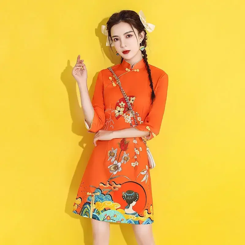 2024 New China-Chic Cheongsam Young Girls Short Orange Chinese Traditional Clothes Chinese Dress  Qipao Dress  Vestido