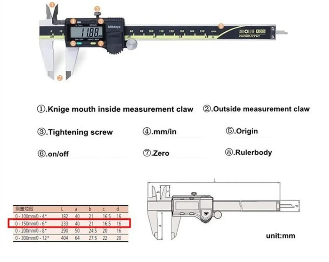 Mitutoyo Calipers Absolute 500-196-20 Digital Caliper Stainless Steel Metric 6