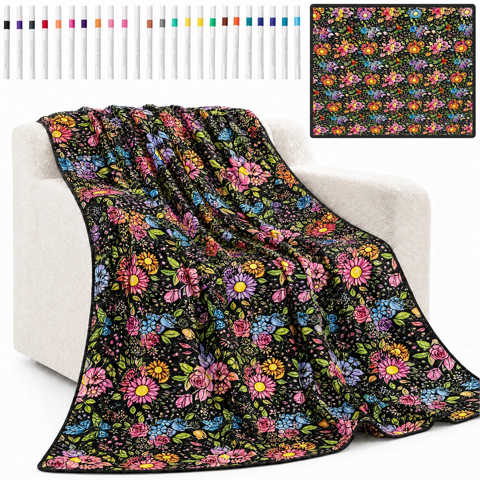 DIY Coloring Blanket with 24 Colored Markers Creative Personalization pattern blanket Stress Relief Unique Paint art Decor Gift