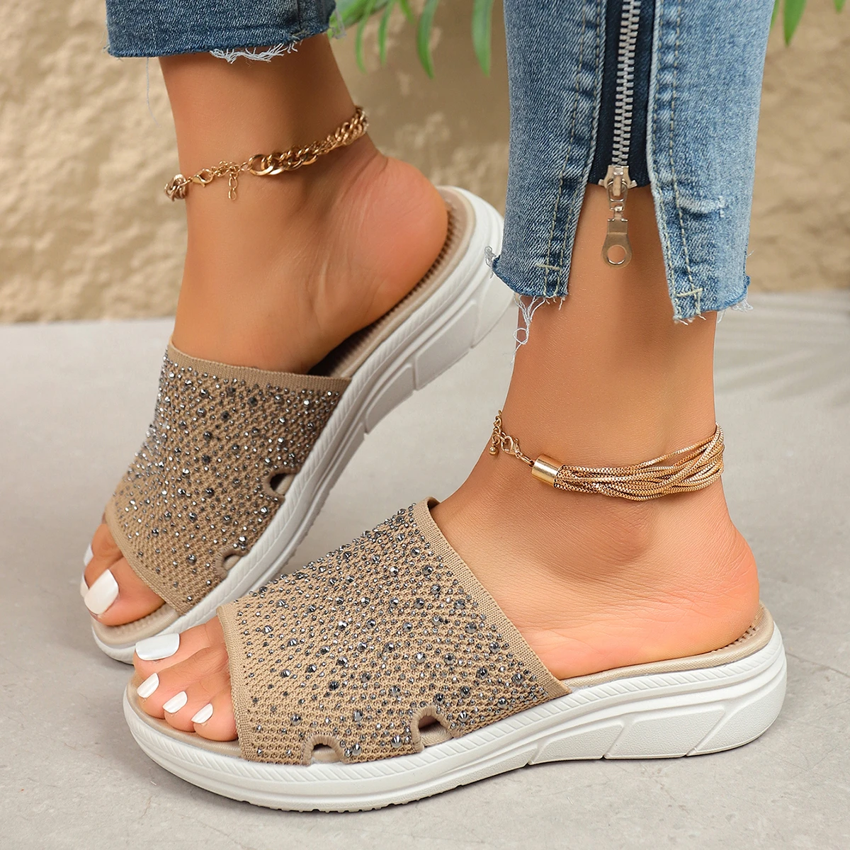 Women Slippers Roman Thick Sole Slope Heel Sandals 2026 New Wedges Shoes Summer Outside Sequins Slippers Platform Slides Women