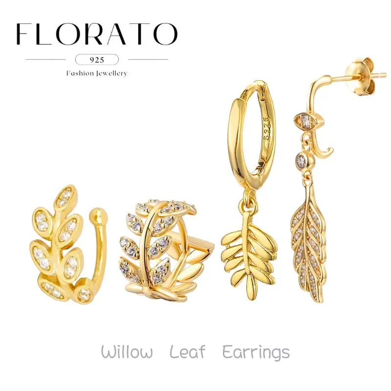 

925 Sterling Silver Ear Needle Willow Leaf-shaped White Zircon Earrings For Women Vintage Earrings Fashion Party Jewelry Gifts