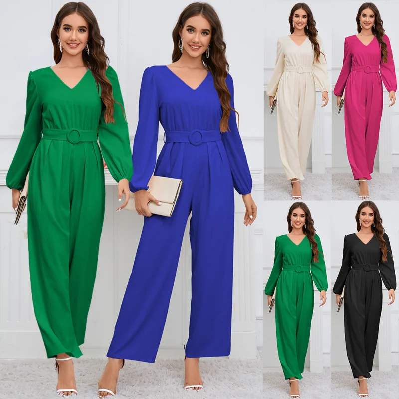 Straight-Leg Trousers Jumpsuit with Belt, Monochromatic, Long Sleeve, Slim, Temperament, Casual, New