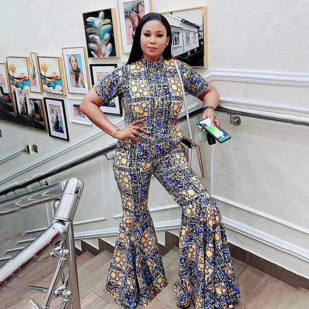 Tuta da mamma africana da donna russa europea e americana tuta a gamba larga con cerniera di qualità stampata elastica